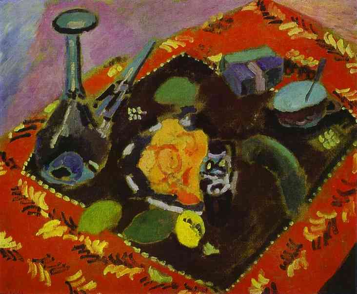 Dishes and Fruit on a Red and Black Carpet. 1906
