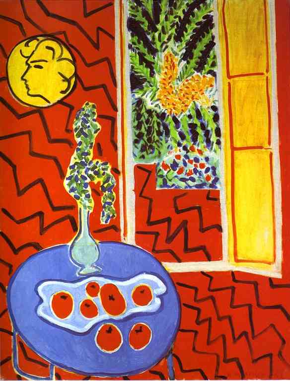 Red Interior. Still Life on a Blue Table. 1947